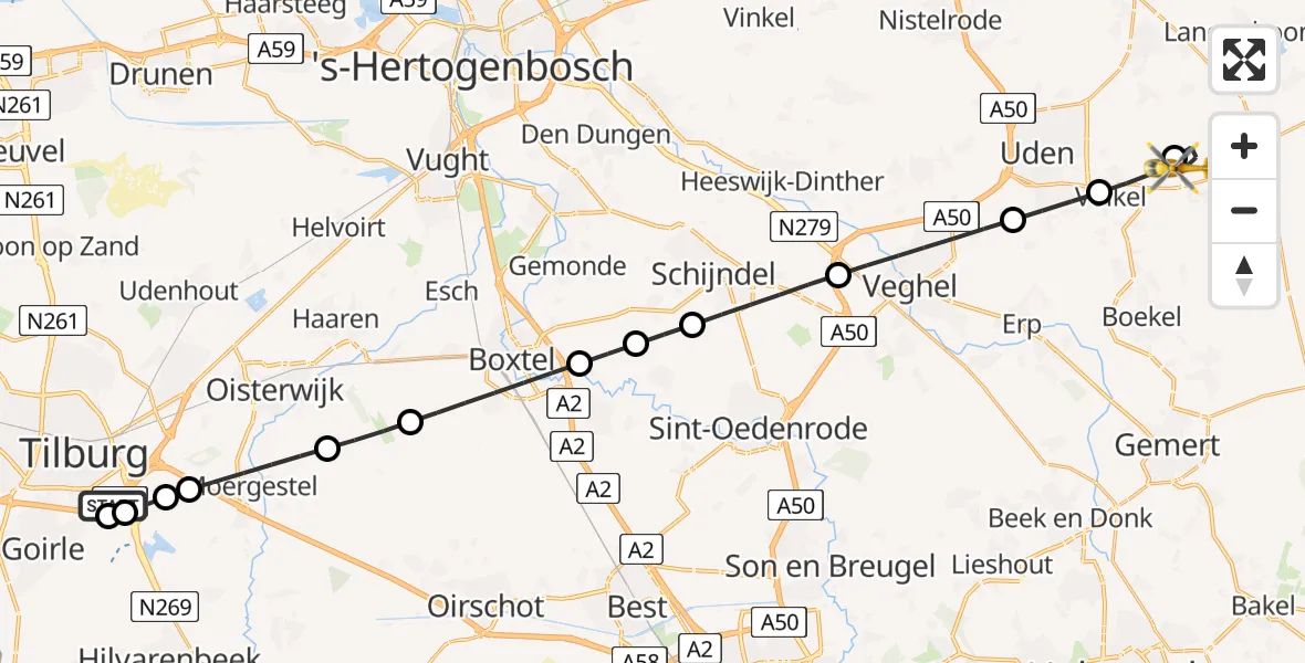 Vluchtroute Traumahelikopter van St. Elisabeth Hospital Heliport naar Vliegbasis Volkel