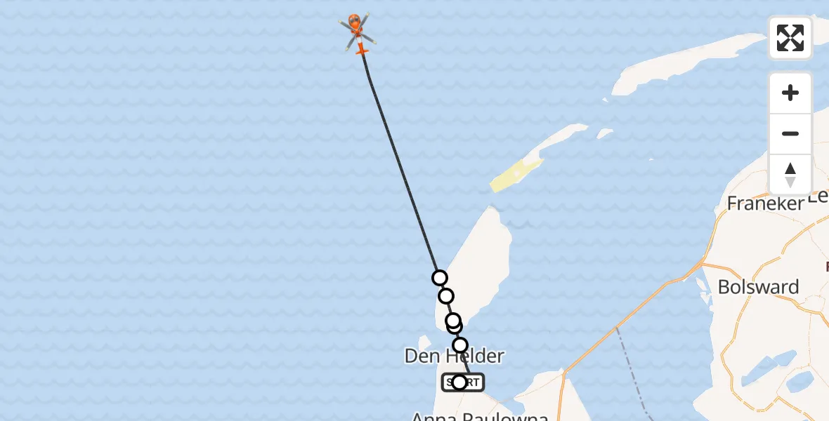 Vluchtroute Kustwachthelikopter van Militair vliegveld De Kooy / Den Helder Airport naar Noordzee