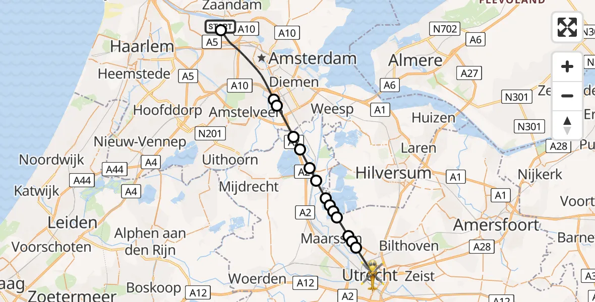 Vluchtroute Traumahelikopter van Amsterdam Heliport naar Utrecht