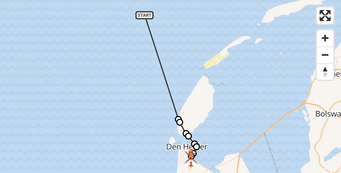 Vluchtroute Kustwachthelikopter van Noordzee naar Militair vliegveld De Kooy / Den Helder Airport