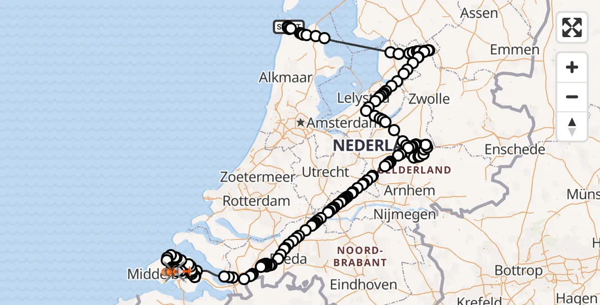 Vluchtroute Kustwachthelikopter van Militair vliegveld De Kooy / Den Helder Airport naar Vliegveld Midden-Zeeland