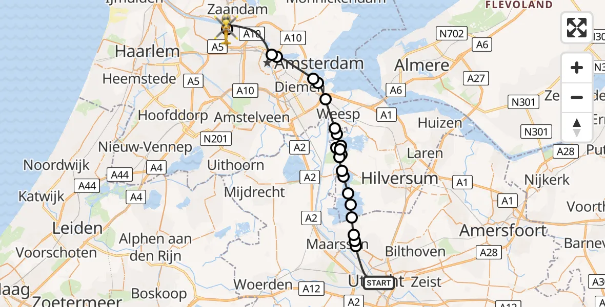 Vluchtroute Traumahelikopter van Utrecht naar Amsterdam Heliport