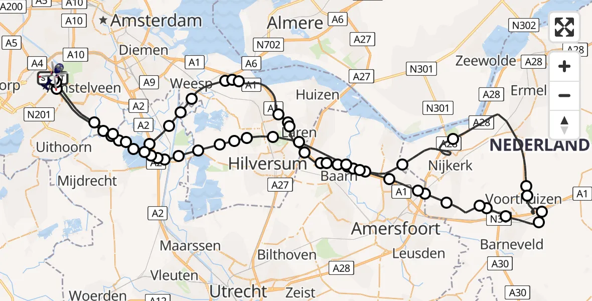 Vluchtroute Politiehelikopter van Amsterdam Vliegveld Schiphol naar Amsterdam Vliegveld Schiphol