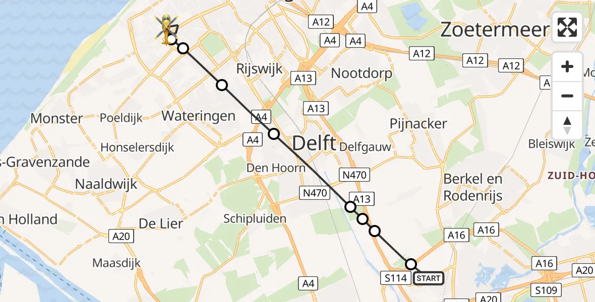 Vluchtroute Traumahelikopter van Rotterdam The Hague Airport naar 's-Gravenhage