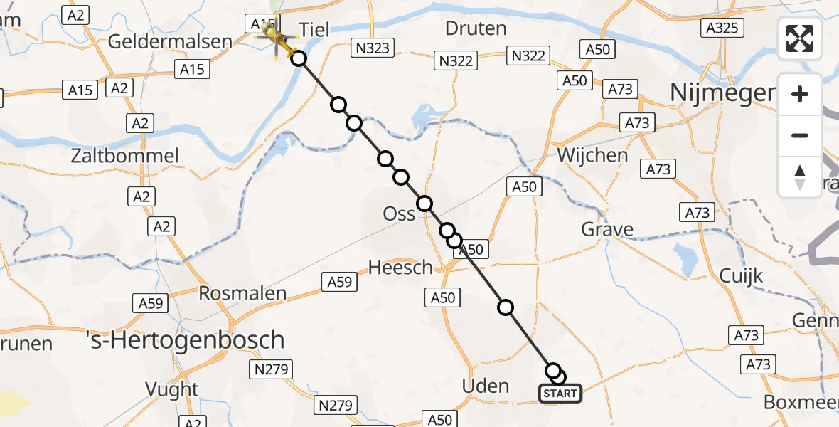 Vluchtroute Traumahelikopter van Vliegbasis Volkel naar Tiel