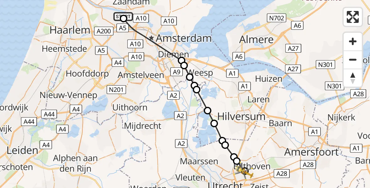 Vluchtroute Traumahelikopter van Amsterdam Heliport naar Bilthoven