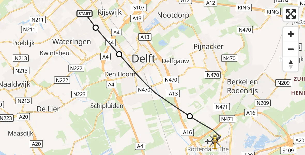 Vluchtroute Traumahelikopter van 's-Gravenhage naar Rotterdam The Hague Airport