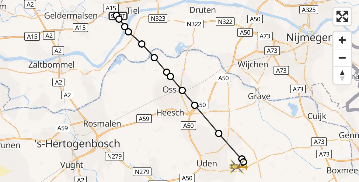 Vluchtroute Traumahelikopter van Tiel naar Vliegbasis Volkel