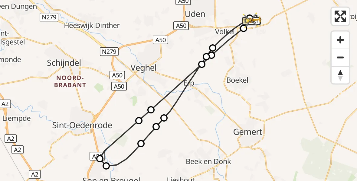 Vluchtroute Traumahelikopter van Vliegbasis Volkel naar Vliegbasis Volkel
