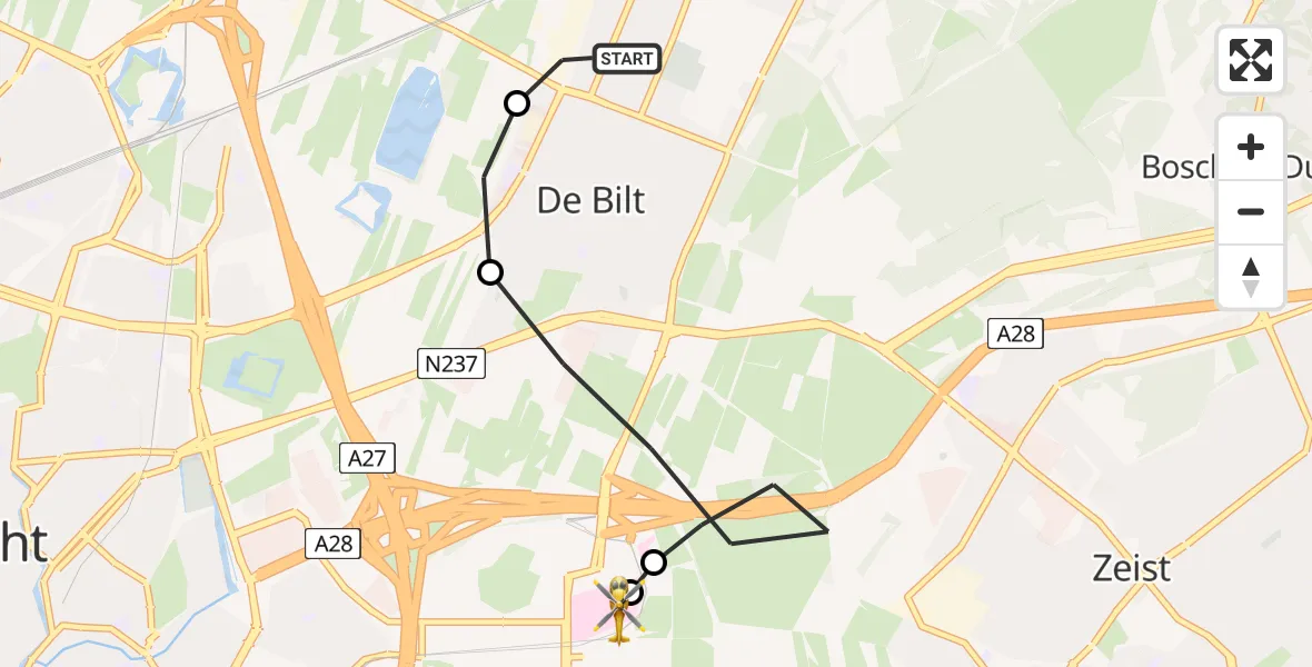 Vluchtroute Traumahelikopter van Bilthoven naar Universitair Medisch Centrum Utrecht