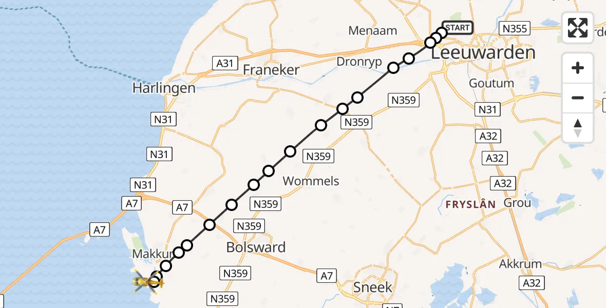 Vluchtroute Ambulancehelikopter van Vliegbasis Leeuwarden naar Makkum