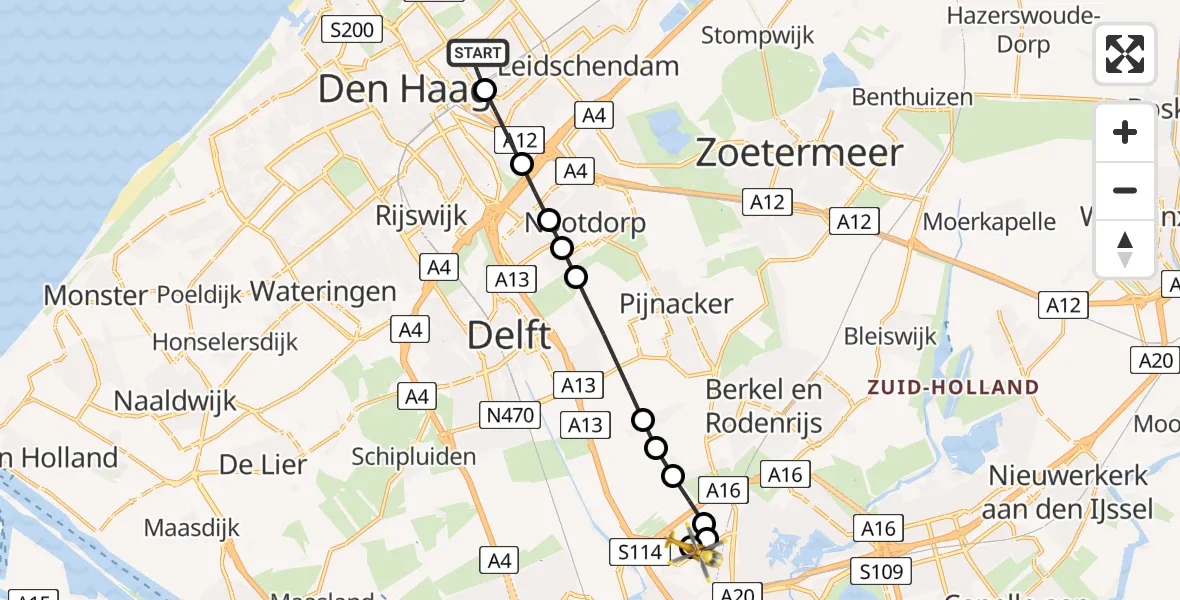 Vluchtroute Traumahelikopter van 's-Gravenhage naar Rotterdam The Hague Airport