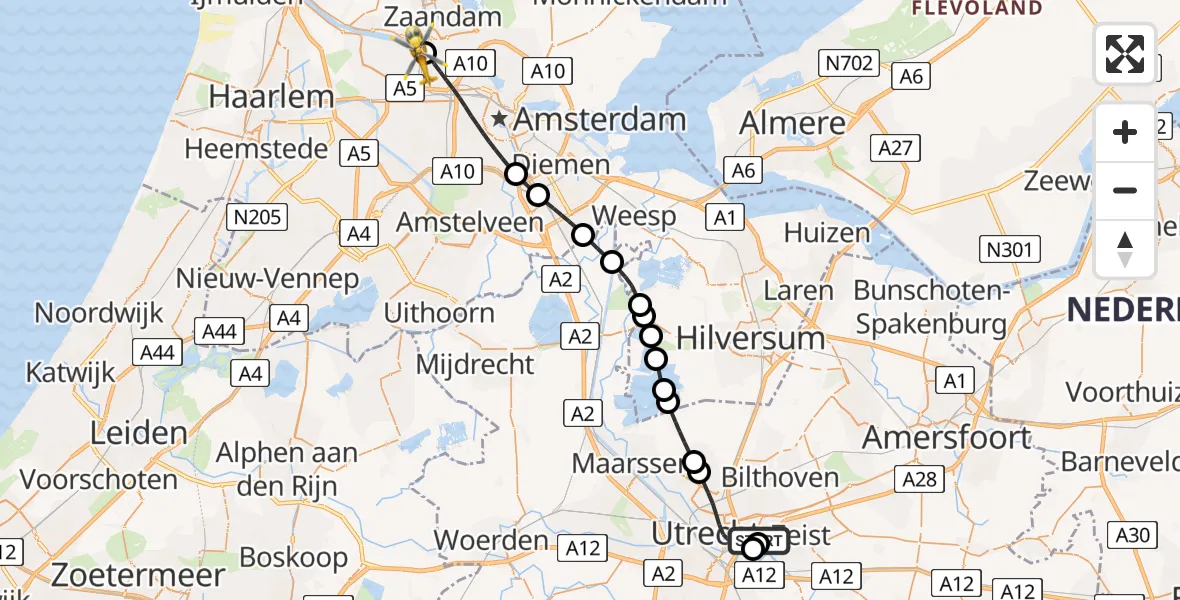Vluchtroute Traumahelikopter van Universitair Medisch Centrum Utrecht naar Amsterdam Heliport