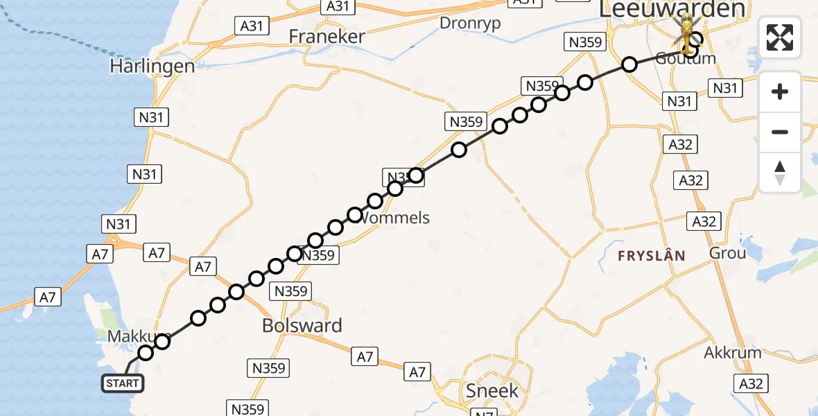 Vluchtroute Ambulancehelikopter van Makkum naar Leeuwarden Medical Center Heliport