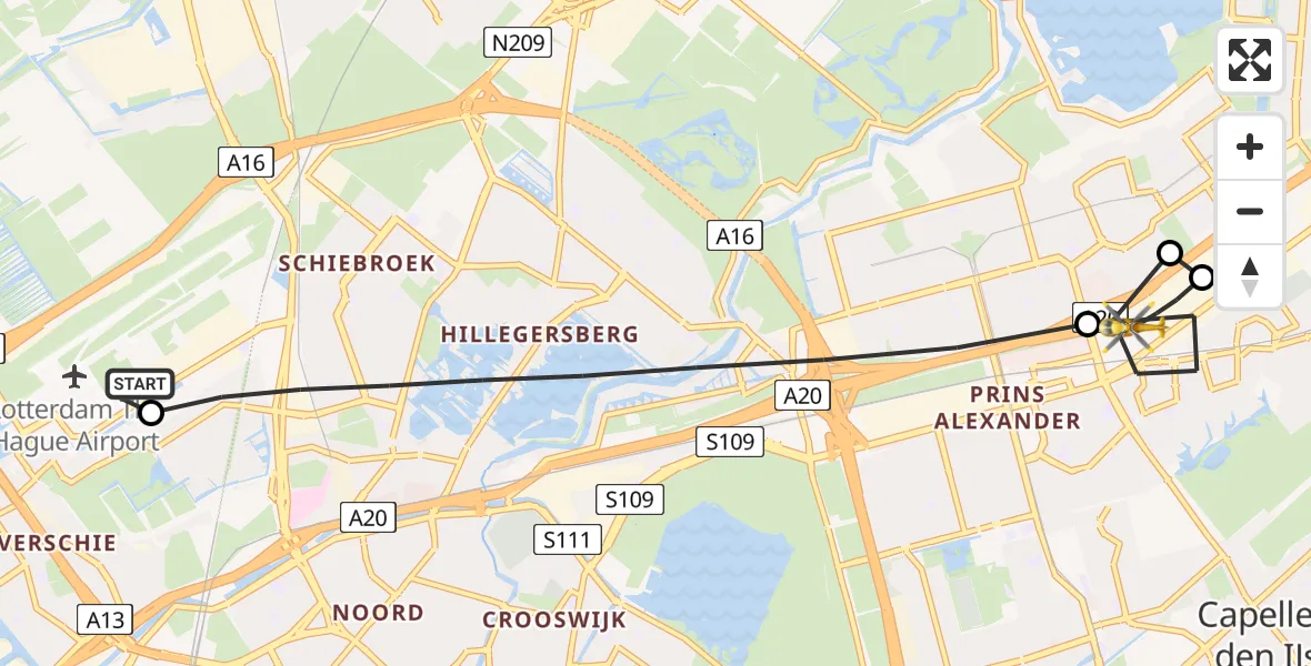 Vluchtroute Traumahelikopter van Rotterdam The Hague Airport naar Capelle aan den IJssel