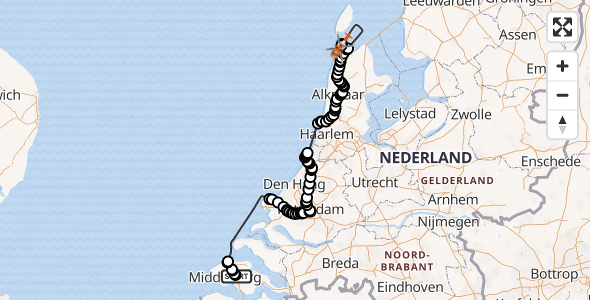 Vluchtroute Kustwachthelikopter van Vliegveld Midden-Zeeland naar Militair vliegveld De Kooy / Den Helder Airport