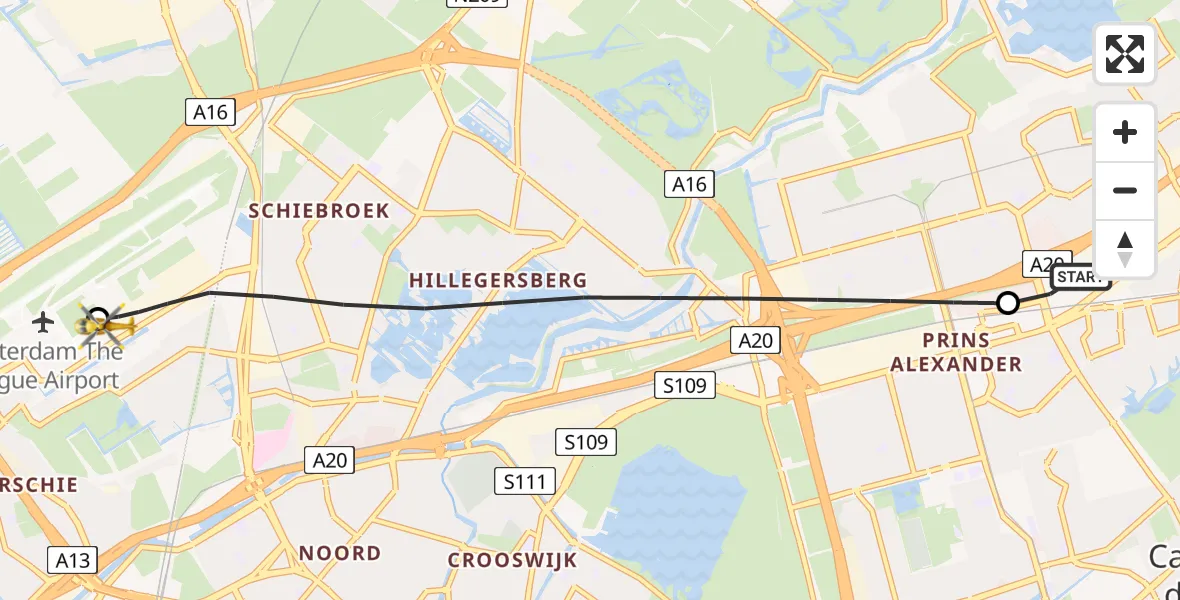 Vluchtroute Traumahelikopter van Capelle aan den IJssel naar Rotterdam The Hague Airport