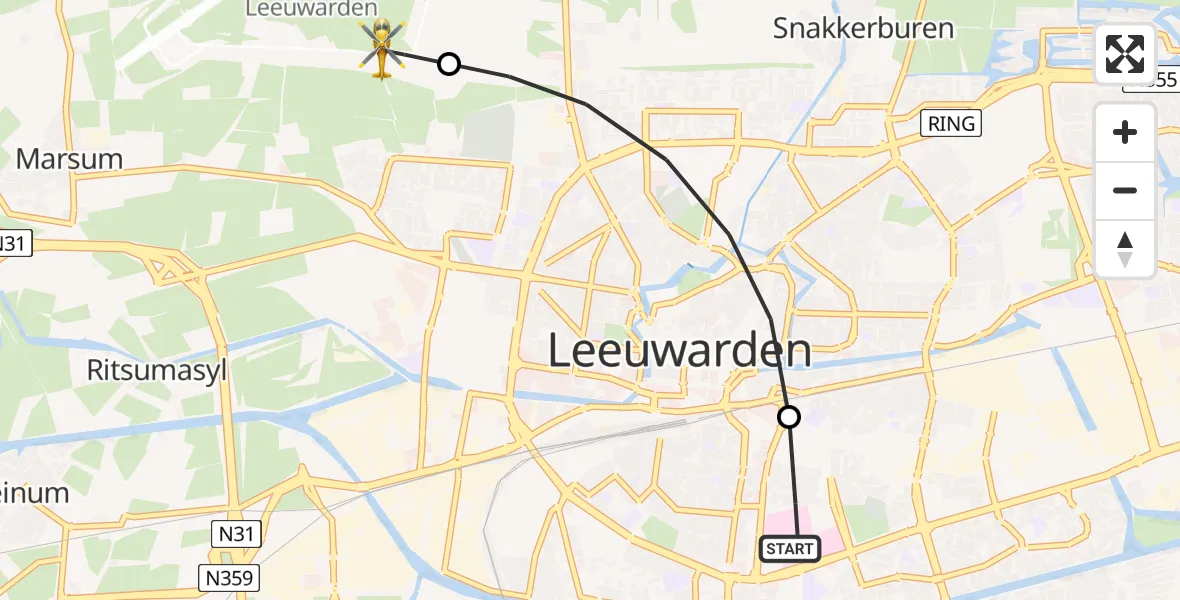Vluchtroute Ambulancehelikopter van Leeuwarden Medical Center Heliport naar Vliegbasis Leeuwarden
