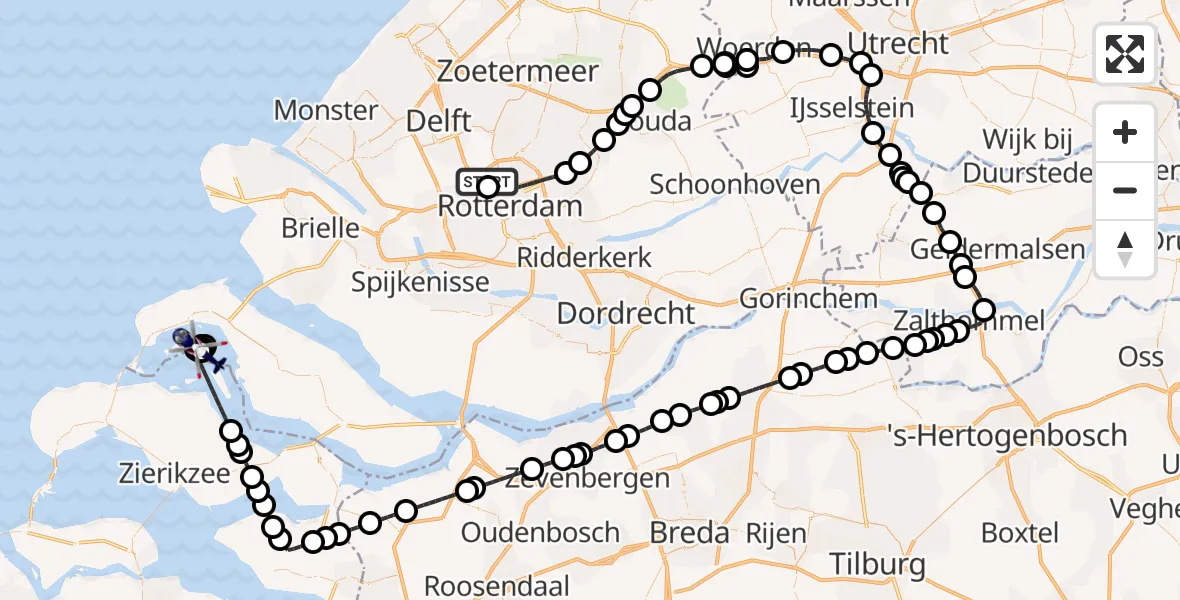 Vluchtroute Politiehelikopter van Rotterdam The Hague Airport naar Hompelvoet