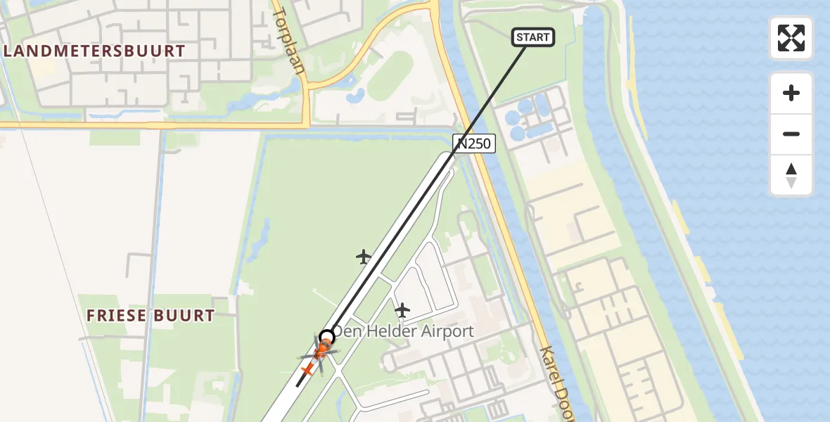 Vluchtroute Kustwachthelikopter van Den Helder naar Militair vliegveld De Kooy / Den Helder Airport