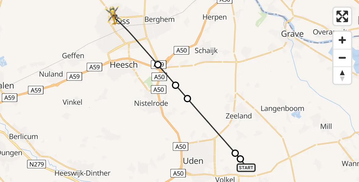 Vluchtroute Traumahelikopter van Vliegbasis Volkel naar Oss