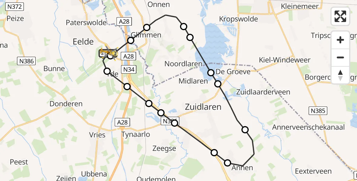 Vluchtroute Traumahelikopter van Groningen Airport Eelde naar Groningen Airport Eelde