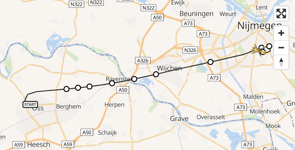 Vluchtroute Traumahelikopter van Oss naar Radboud University Medical Center Heliport