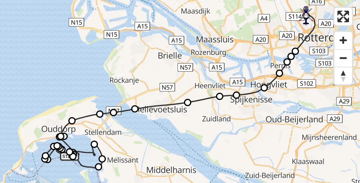 Vluchtroute Politiehelikopter van Hompelvoet naar Rotterdam The Hague Airport