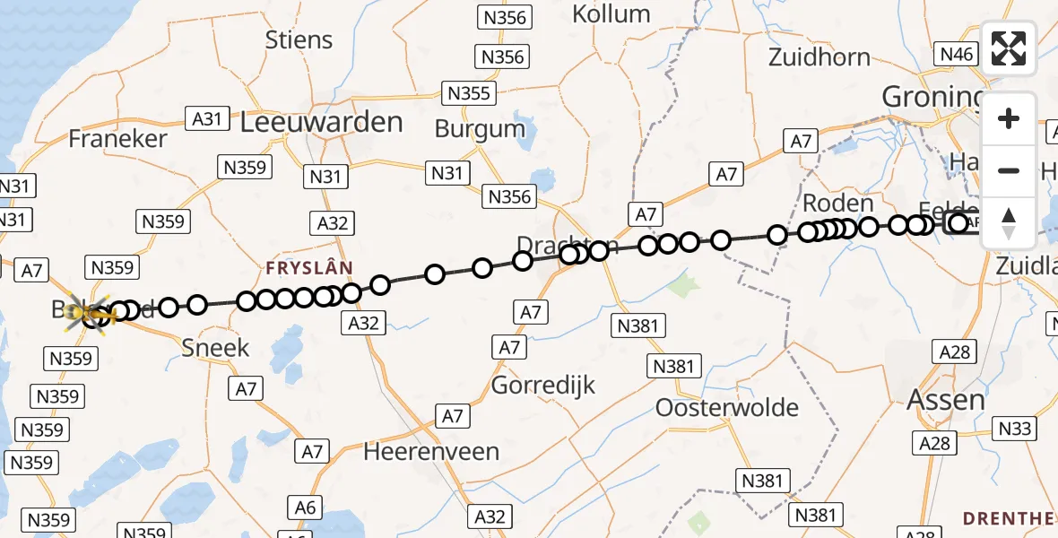 Vluchtroute Traumahelikopter van Groningen Airport Eelde naar Bolsward
