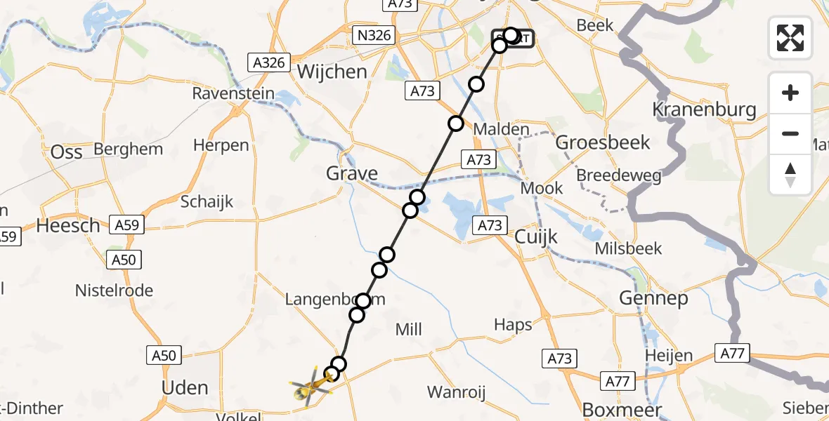 Vluchtroute Traumahelikopter van Radboud Universitair Medisch Centrum naar Vliegbasis Volkel