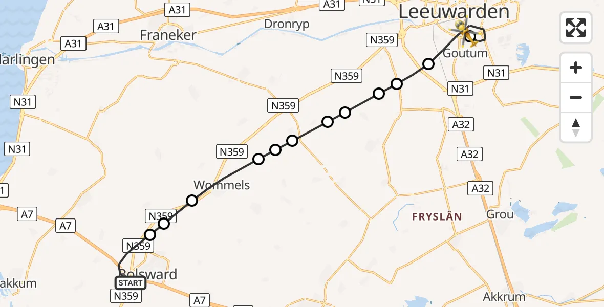 Vluchtroute Traumahelikopter van Bolsward naar Leeuwarden Medical Center Heliport