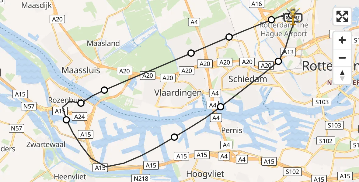 Vluchtroute Traumahelikopter van Rotterdam The Hague Airport naar Rotterdam The Hague Airport
