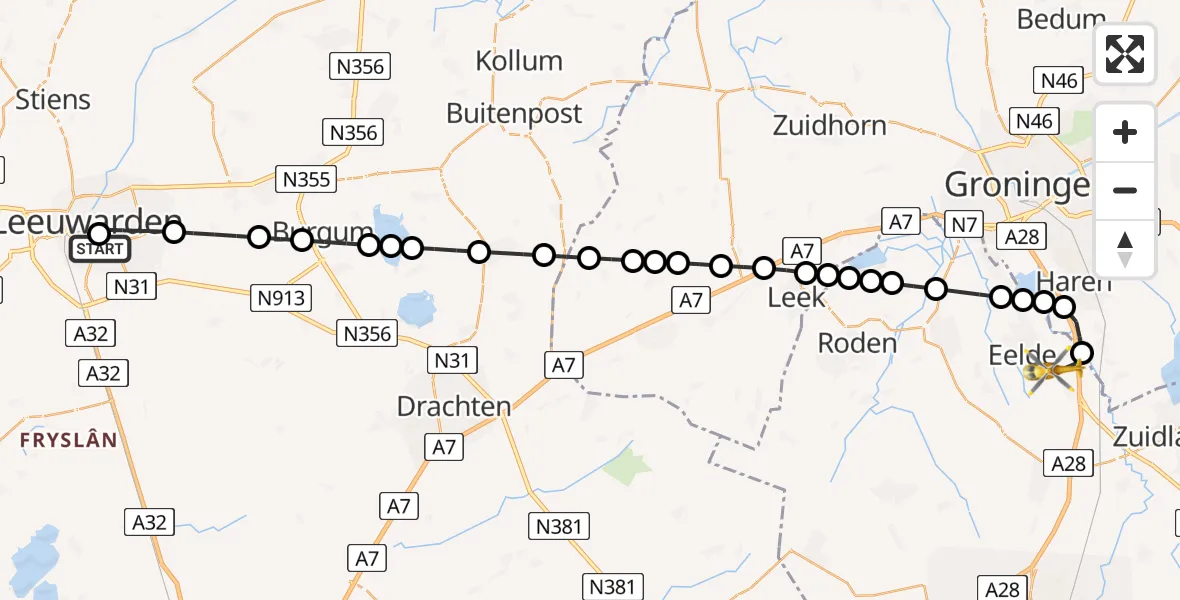 Vluchtroute Traumahelikopter van Leeuwarden Medical Center Heliport naar Groningen Airport Eelde