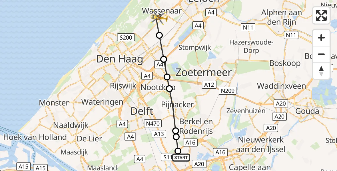 Vluchtroute Traumahelikopter van Rotterdam The Hague Airport naar Wassenaar