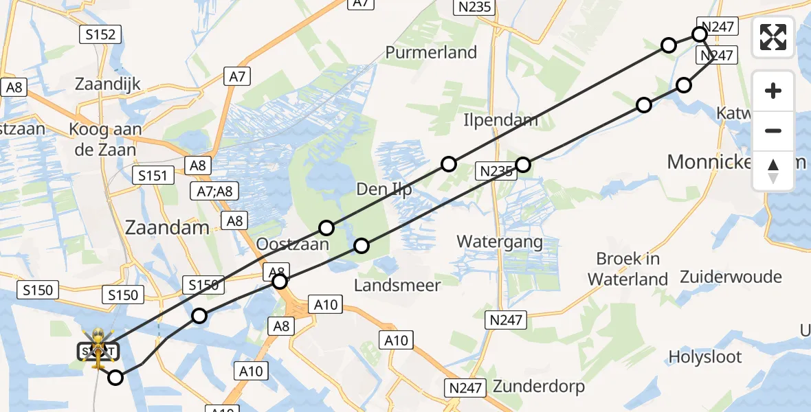 Vluchtroute Traumahelikopter van Amsterdam Heliport naar Amsterdam Heliport