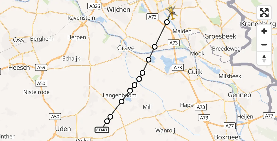 Vluchtroute Traumahelikopter van Vliegbasis Volkel naar Malden