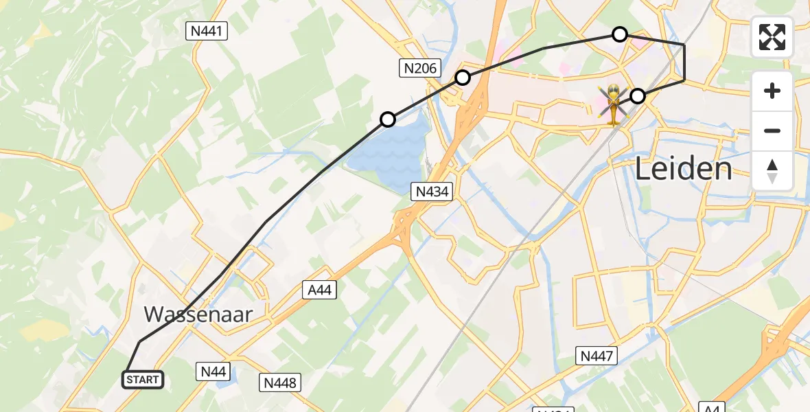 Vluchtroute Traumahelikopter van Wassenaar naar Leiden University Medical Center Heliport