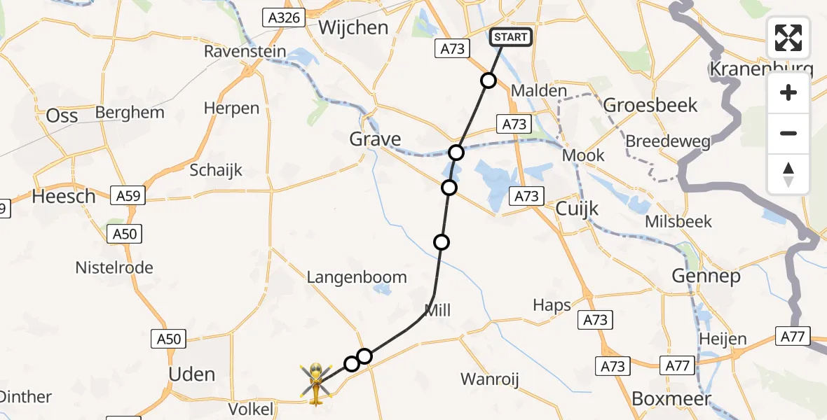 Vluchtroute Traumahelikopter van Malden naar Vliegbasis Volkel