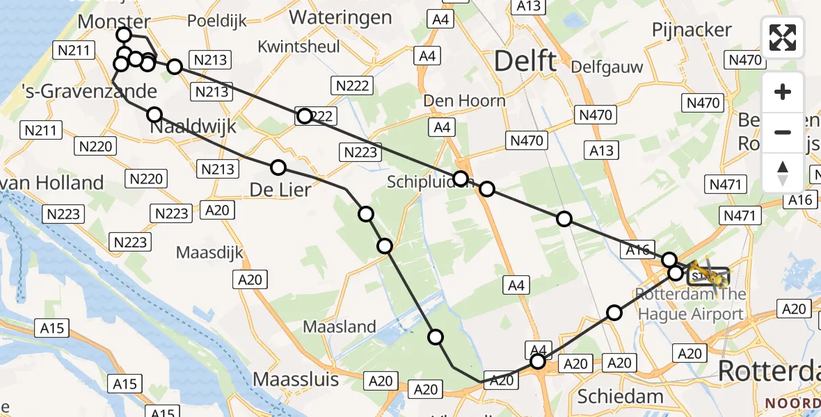 Vluchtroute Traumahelikopter van Rotterdam The Hague Airport naar Rotterdam The Hague Airport