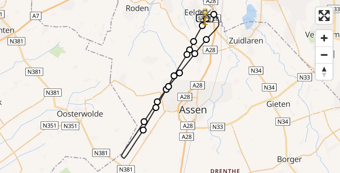 Vluchtroute Traumahelikopter van Groningen Airport Eelde naar Groningen Airport Eelde