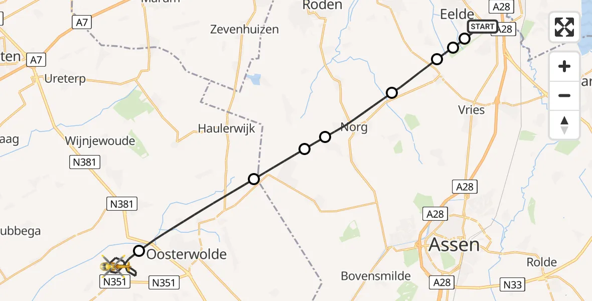 Vluchtroute Traumahelikopter van Groningen Airport Eelde naar Makkinga