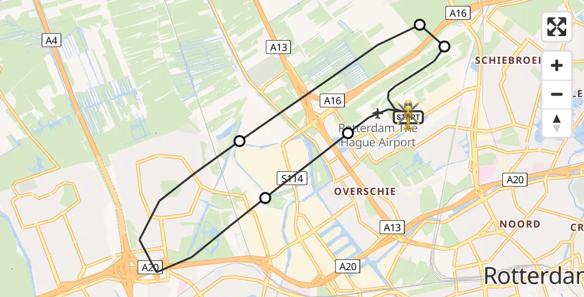 Vluchtroute Traumahelikopter van Rotterdam The Hague Airport naar Rotterdam The Hague Airport