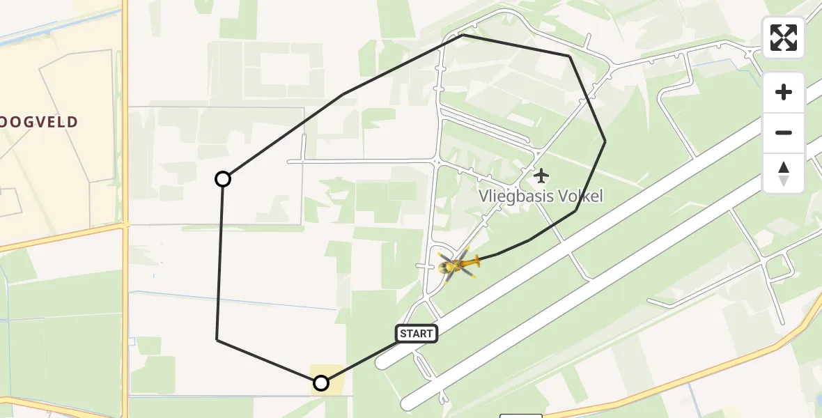 Vluchtroute Traumahelikopter van Vliegbasis Volkel naar Vliegbasis Volkel