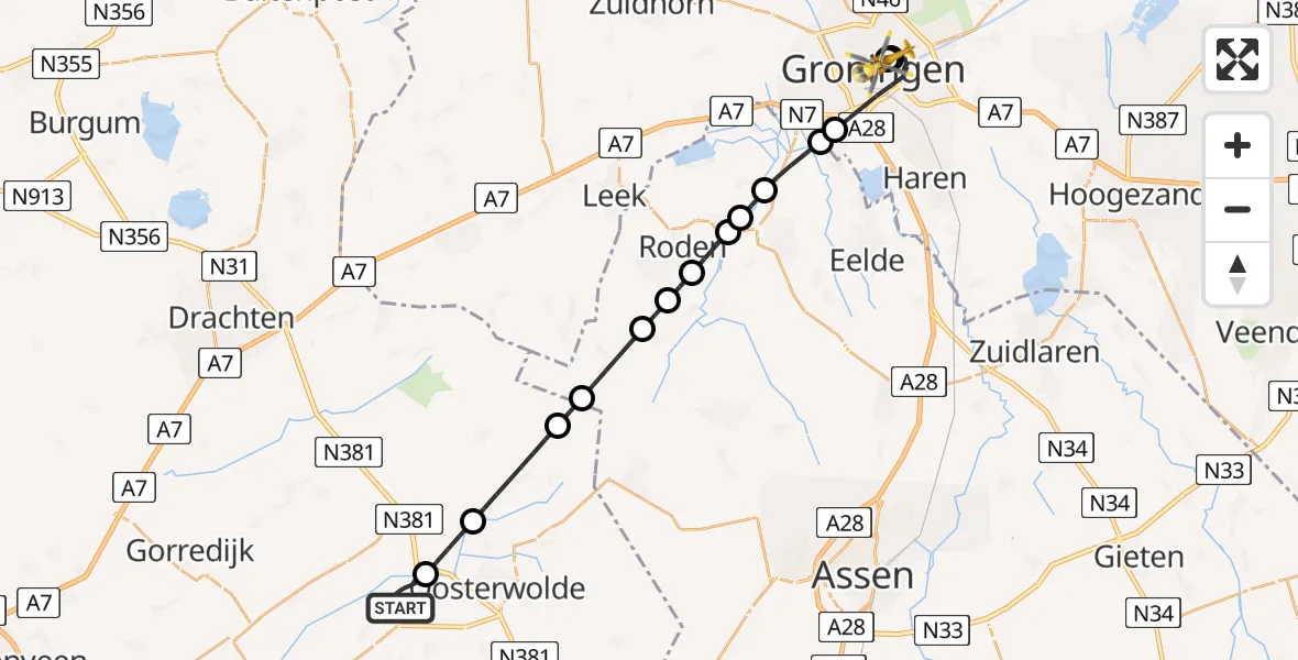 Vluchtroute Traumahelikopter van Makkinga naar Universitair Medisch Centrum Groningen