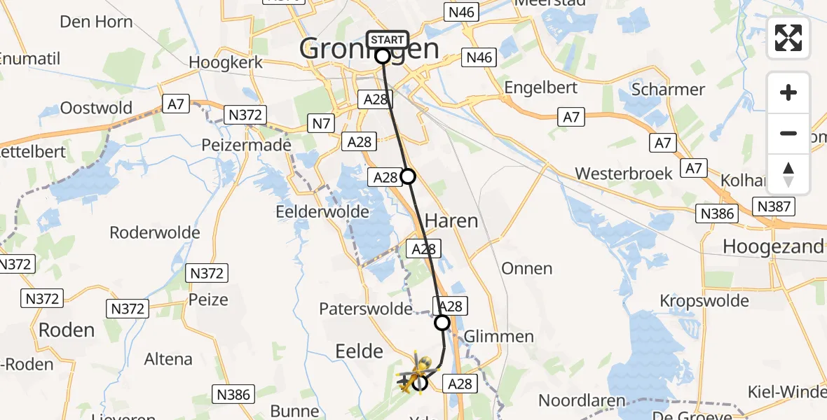 Vluchtroute Traumahelikopter van Universitair Medisch Centrum Groningen naar Groningen Airport Eelde