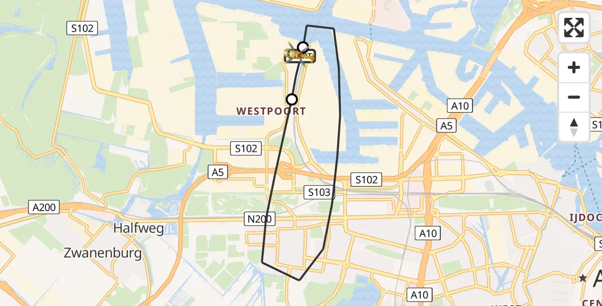 Vluchtroute Traumahelikopter van Amsterdam Heliport naar Amsterdam Heliport