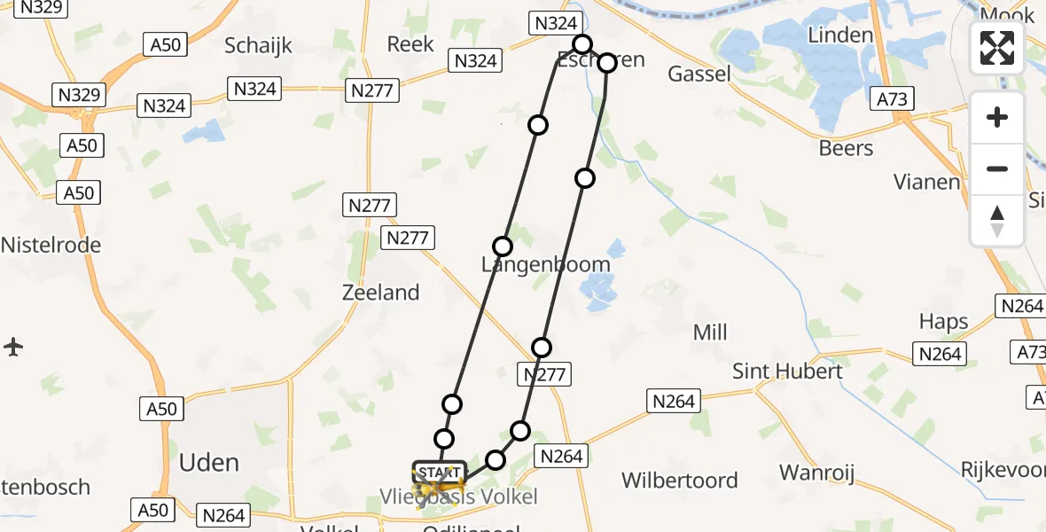 Vluchtroute Traumahelikopter van Vliegbasis Volkel naar Vliegbasis Volkel