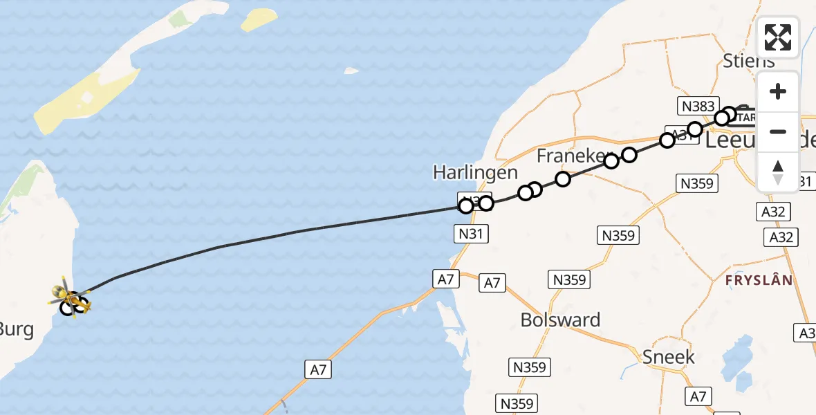 Vluchtroute Ambulancehelikopter van Vliegbasis Leeuwarden naar Oosterend