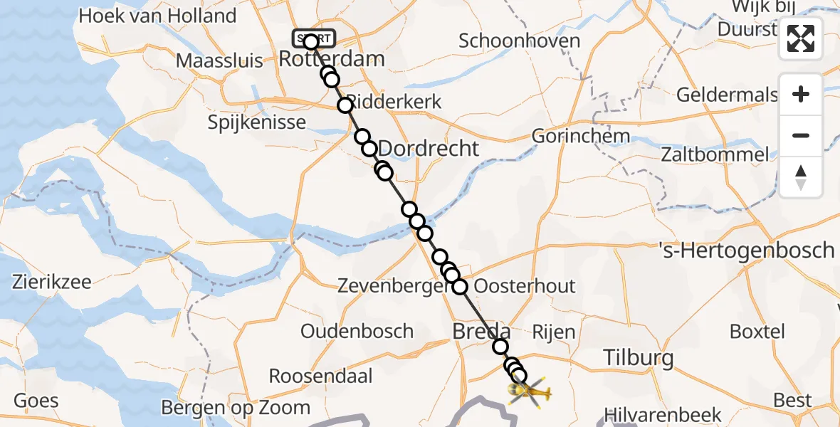 Vluchtroute Traumahelikopter van Rotterdam The Hague Airport naar Chaam