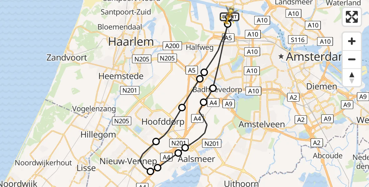 Vluchtroute Traumahelikopter van Amsterdam Heliport naar Amsterdam Heliport